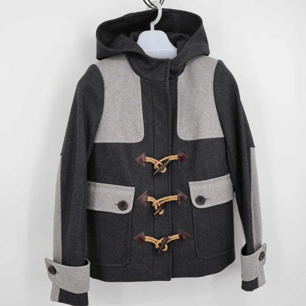 NWT J Crew Colorblock Duffle Coat Wool Black Gray Size 0 Nautical Boating Preppy - Picture 2 of 11